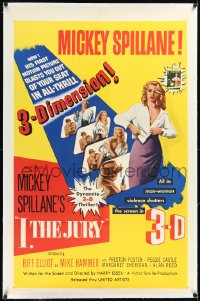 2a0930 I, THE JURY linen 3D 1sh 1953 Mickey Spillane, Mike Hammer, 3-D images of sexy girl stripping!