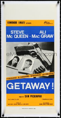 2a0696 GETAWAY linen Italian locandina 1972 Steve McQueen, McGraw, Peckinpah, gun & passports, rare!