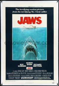 2a0941 JAWS linen 1sh 1975 Roger Kastel art of Spielberg's man-eating shark attacking sexy swimmer!