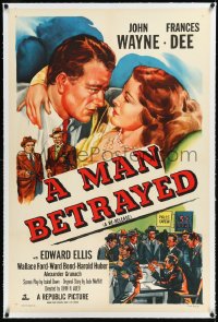 2a0968 MAN BETRAYED linen 1sh R1953 great romantic art of big John Wayne & pretty Frances Dee!