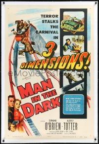 2a0969 MAN IN THE DARK linen 3D 1sh 1953 really cool 3-D art of men fighting on rollercoaster!
