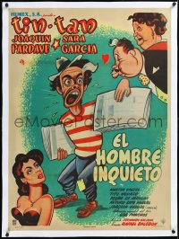 2a0619 EL HOMBRE INQUIETO linen Mexican poster 1953 art of German Valdes as Tin-Tan the newsboy!