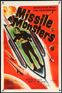 2a0979 MISSILE MONSTERS linen 1sh 1958 aliens bring destruction from the stratosphere, wacky art!