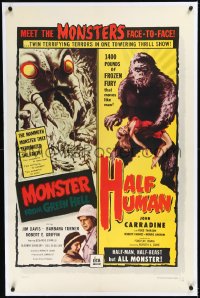 2a0981 MONSTER FROM GREEN HELL/HALF HUMAN linen 1sh 1957 twin terrifying terrors in 1 thrill show!