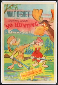 2a0990 NO HUNTING linen 1sh 1955 art of Donald Duck & grandpappy hunting moose, Disney cartoon, rare!