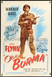 2a0996 OBJECTIVE BURMA linen 1sh 1945 full-length image of paratrooper Errol Flynn winning WWII!