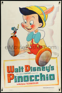 2a0335 PINOCCHIO 1sh 1940 Disney, he's with Jiminy Cricket, great art, ultra rare first release!