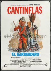 2a0648 EL BARRENDERO linen Spanish 1982 great Pato art of Cantinflas as janitor sweeping trash, rare!