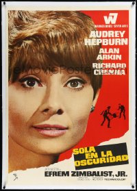 2a0656 WAIT UNTIL DARK linen Spanish 1968 c/u of blind Audrey Hepburn terrorized by a burglar, rare!