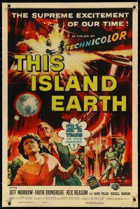 2a1069 THIS ISLAND EARTH linen 1sh 1955 sci-fi classic, wonderful art with aliens by Reynold Brown!