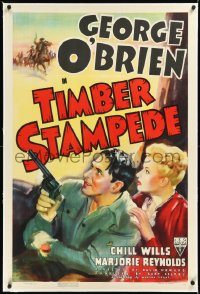 2a1073 TIMBER STAMPEDE linen 1sh 1939 art of George O'Brien protecting Marjorie Reynolds, rare!