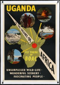 2a0756 BOAC UGANDA linen 21x31 English travel poster 1960s go to the heart of Africa, ultra rare!