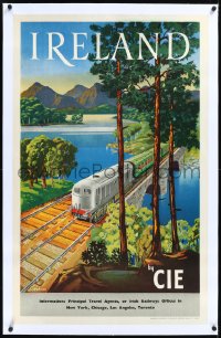 2a0757 CIE IRELAND linen 25x40 Irish travel poster 1950s Curran art of train crossing bridge, rare!
