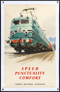 2a0758 FRENCH NATIONAL RAILROADS linen 24x40 French travel poster 1954 train art by Albert Brenet!