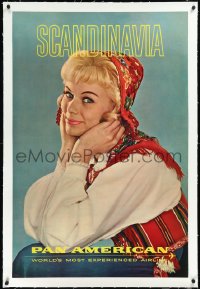2a0762 PAN AMERICAN SCANDINAVIA linen 28x42 travel poster 1960s great image of pretty blonde, rare!