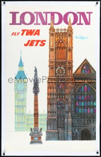 2a0765 TWA LONDON linen 25x40 travel poster 1960s cool art of English landmarks by David Klein!
