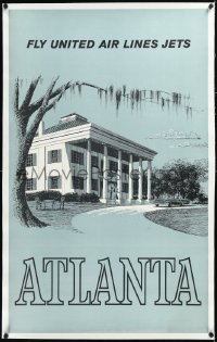 2a0766 UNITED AIR LINES ATLANTA linen 25x40 travel poster 1960s art of plantation style house, rare!