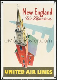 2a0767 UNITED AIR LINES NEW ENGLAND linen 20x30 travel poster 1950s William Lawson art of church!