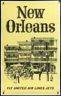 2a0768 UNITED AIR LINES NEW ORLEANS linen 25x41 travel poster 1970s Brusitar art of carriage in French Quarter!