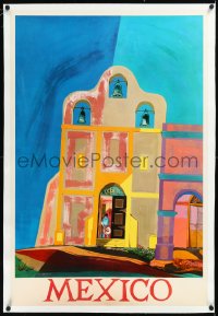 2a0769 WESTERN AIRLINES MEXICO linen 26x38 travel poster 1959 colorful Grant art of church, rare!