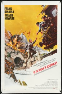2a1089 VON RYAN'S EXPRESS linen 1sh 1965 art of Frank Sinatra chasing train in WWII by Frank McCarthy!