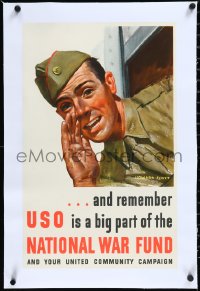 2a0770 AND REMEMBER USO IS A BIG PART linen 14x22 WWII war poster 1940s great Howard Scott art, rare!