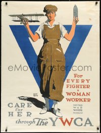 2a0324 CARE FOR HER THROUGH THE YWCA 30x40 WWI war poster 1918 for every fighter a woman worker!