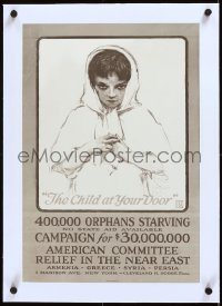 2a0771 CHILD AT YOUR DOOR linen 14x21 WWI war poster 1917 DP art of starving orphan wearing a scarf!