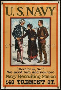 2a0785 WE NEED HIM & YOU TOO linen 28x41 WWI war poster 1910s Charles Gibson art of Uncle Sam, rare!