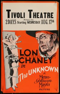 2a0419 UNKNOWN WC 1927 great art of knife thrower Lon Chaney with sexy assistant Joan Crawford!