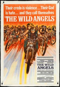 2a1097 WILD ANGELS linen 1sh 1966 classic art of biker Peter Fonda & sexy Nancy Sinatra on motorcycle!