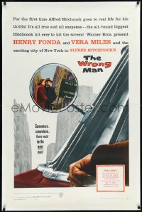 2a1105 WRONG MAN linen 1sh 1957 Henry Fonda, Vera Miles, Alfred Hitchcock, cool rear view mirror art!