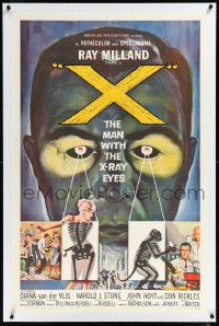 2a1102 X: THE MAN WITH THE X-RAY EYES linen 1sh 1963 Ray Milland strips souls & bodies, cool art!