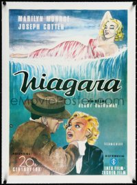 2a0614 NIAGARA linen Yugoslavian 19x26 R1980s art of sexy Marilyn Monroe on waterfall & manhandled!