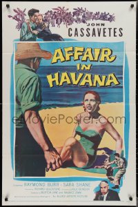 2b0983 AFFAIR IN HAVANA 1sh 1957 Cassavetes in Cuba, art of man approaching scared woman on beach!
