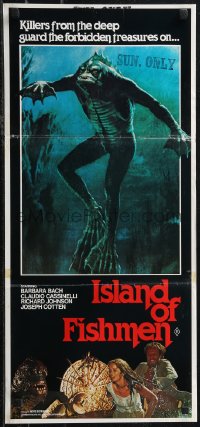 2b0965 SOMETHING WAITS IN THE DARK Aust daybill 1980 Island of Fishmen, cool art of monster!