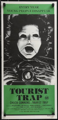 2b0971 TOURIST TRAP Aust daybill 1979 Charles Band, wacky horror image of masked woman with camera!