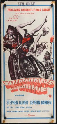 2b0975 WEREWOLVES ON WHEELS Aust daybill 1972 great art of wolfman biker on motorcycle by Joseph Smith!