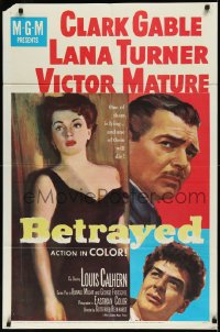 2b0997 BETRAYED 1sh 1954 art of Clark Gable, Victor Mature & sexy brunette Lana Turner!