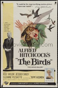 2b1002 BIRDS 1sh 1963 director Alfred Hitchcock shown, Tippi Hedren, classic intense attack art!