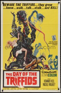 2b1034 DAY OF THE TRIFFIDS 1sh 1962 classic English sci-fi horror, cool art of monster with girl!