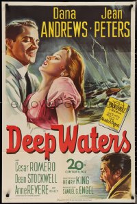 2b1038 DEEP WATERS 1sh 1948 artwork of Dana Andrews holding sexy Jean Peters!