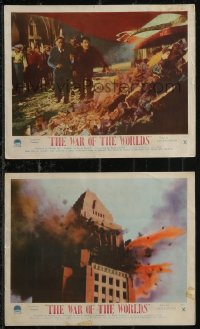 2b1675 WAR OF THE WORLDS 2 color English FOH LCs 1953 people at alien landing site, explosion!