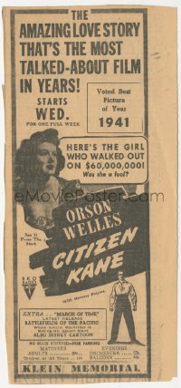 2b1517 CITIZEN KANE newspaper ad 1941 Orson Welles, here's the girl who walked out on $60 million!