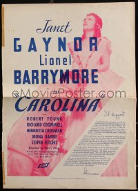 2b0075 CAROLINA pressbook 1934 pretty Janet Gaynor, Lionel Barrymore, Robert Young, ultra rare!