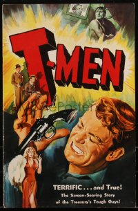 2b0224 T-MEN pressbook 1948 Anthony Mann film noir, full-color art of sexy bad girl & O'Keefe w/gun!