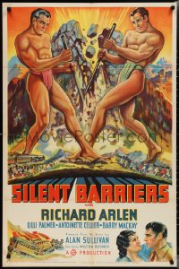 2b1173 SILENT BARRIERS style B 1sh 1937 Fred Kulz art of two beefcake giants tearing apart mountain!