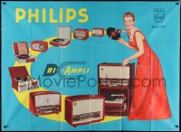 2b0036 PHILIPS 46x63 French advertising poster 1957 art of woman with radios & record players, rare!