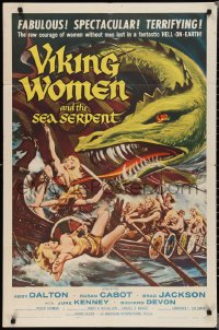 2b1220 VIKING WOMEN & THE SEA SERPENT 1sh 1958 art of sexy female warriors attacked on ship!