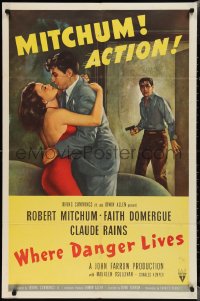 2b1224 WHERE DANGER LIVES 1sh 1950 Robert Mitchum holding Faith Domergue + Rains w/gun